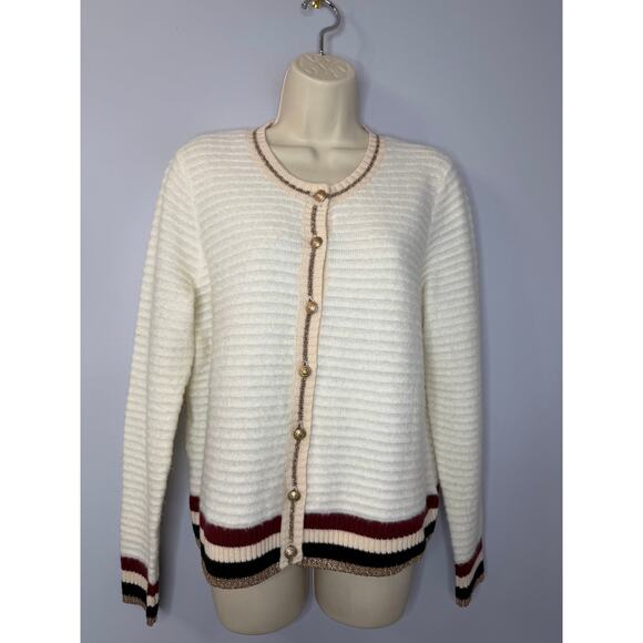 L’AGENCE Archer Cardigan Sweater Ivory Striped Gold Button Women's M - Picture 4 of 14